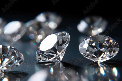 Close up of Brilliant cut diamonds sparkle intensely, scattered on a reflective surface with a soft focus on the background.