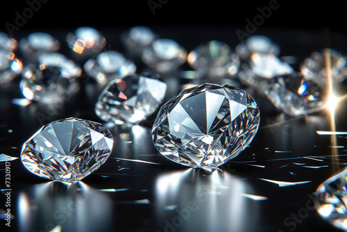 Close up of Brilliant cut diamonds sparkle intensely  scattered on a reflective surface with a soft focus on the background.
