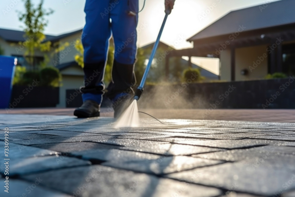 Close up worker cleaning driveway with pressure washer, professional cleaning service, Deep cleaning under high pressure. Close up worker cleaning driveway with pressure washer, professional cleaning service, Deep cleaning under high pressure.