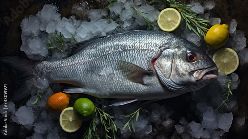 Fresh Catch on Ice: Two silver fish accompanied by vibrant lemon slices and fresh herbs, poised on a bed of chilled ice
