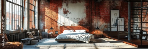 Industrial Chic Bedroom Design: Double Bed with Exposed Brick Wall and Red Accents photo