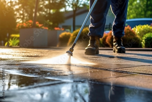 Close up worker cleaning driveway with pressure washer, professional cleaning service, Deep cleaning under high pressure.