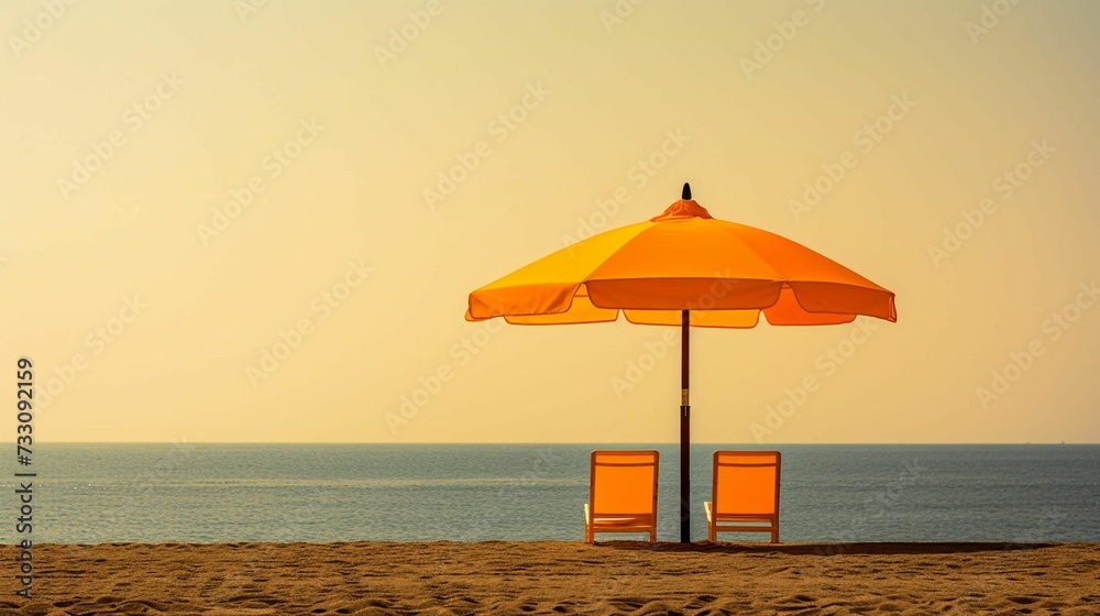 Two beach chairs with an umbrella providing shade in a sun-soaked sandy shore, AI-generated. Two beach chairs with an umbrella providing shade in a sun-soaked sandy shore, AI-generated.