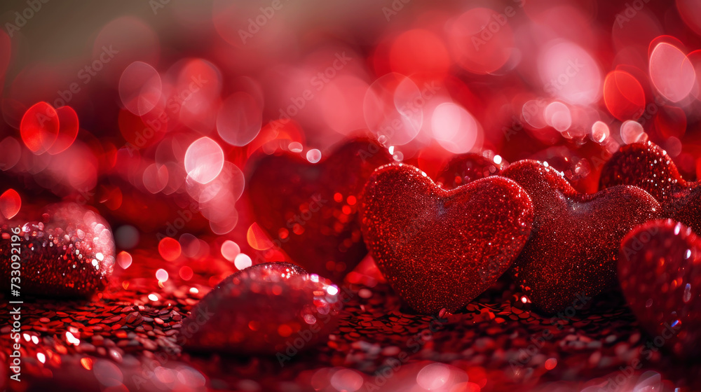 Close up of red glitter hearts on sparkling background. Copy space. Valentines Day. Romantic Concept. Generative AI Close up of red glitter hearts on sparkling background. Copy space. Valentines Day. Romantic Concept. Generative AI