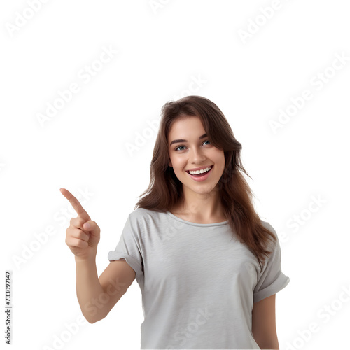 a smiling woman point a right next to her face. white background.