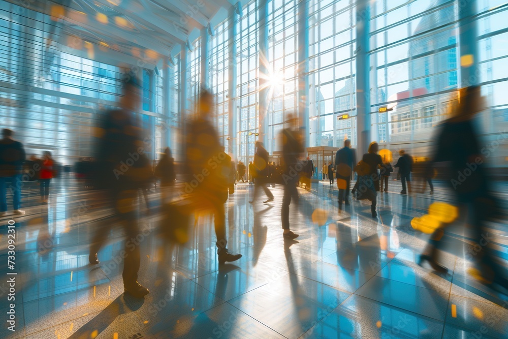 crowd of business people walking in office lobby fast moving crowd of business people walking in office lobby fast moving