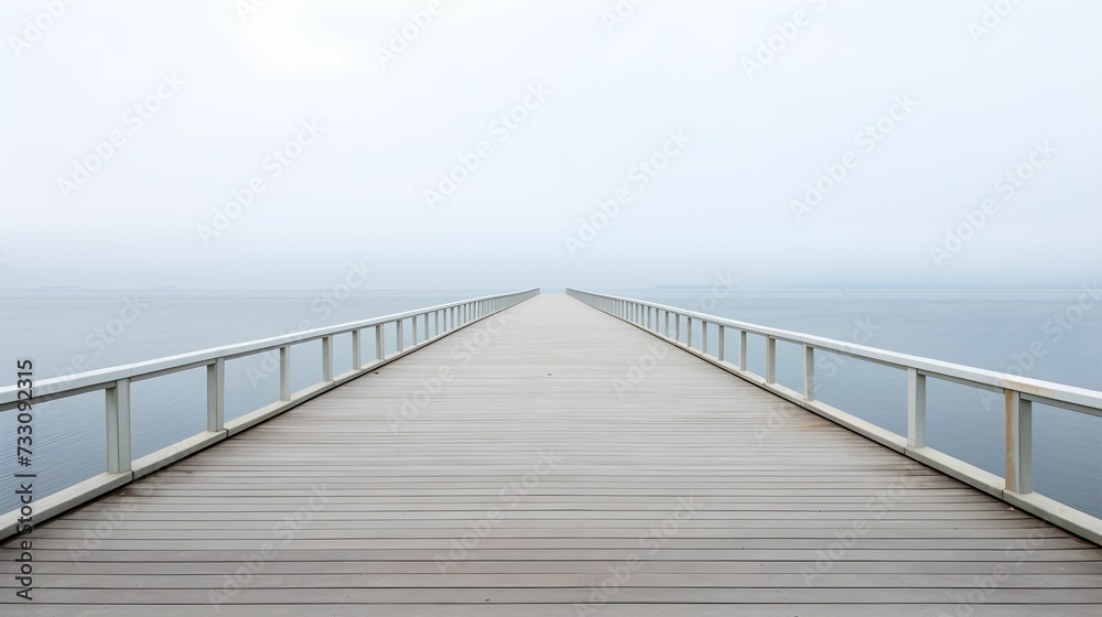 Wooden bridge crossing a tranquil body of water on a foggy morning, AI-generated.