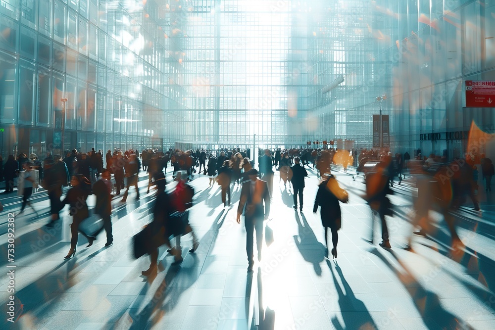 crowd of business people walking in office lobby fast moving crowd of business people walking in office lobby fast moving