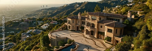 Photographie Exquisite Hilltop Mansion: Aerial View of Luxurious Architecture and Scenic City