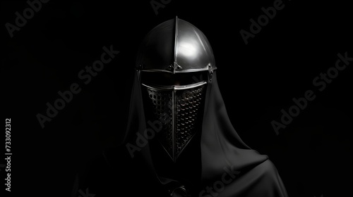 Portrait of a person wearing a medieval-style helmet and cloak, AI-generated.