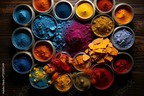 AI generated illustration of pots of vibrant paint powders