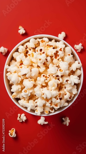 AI generated illustration of a bowl of popcorn on a red background