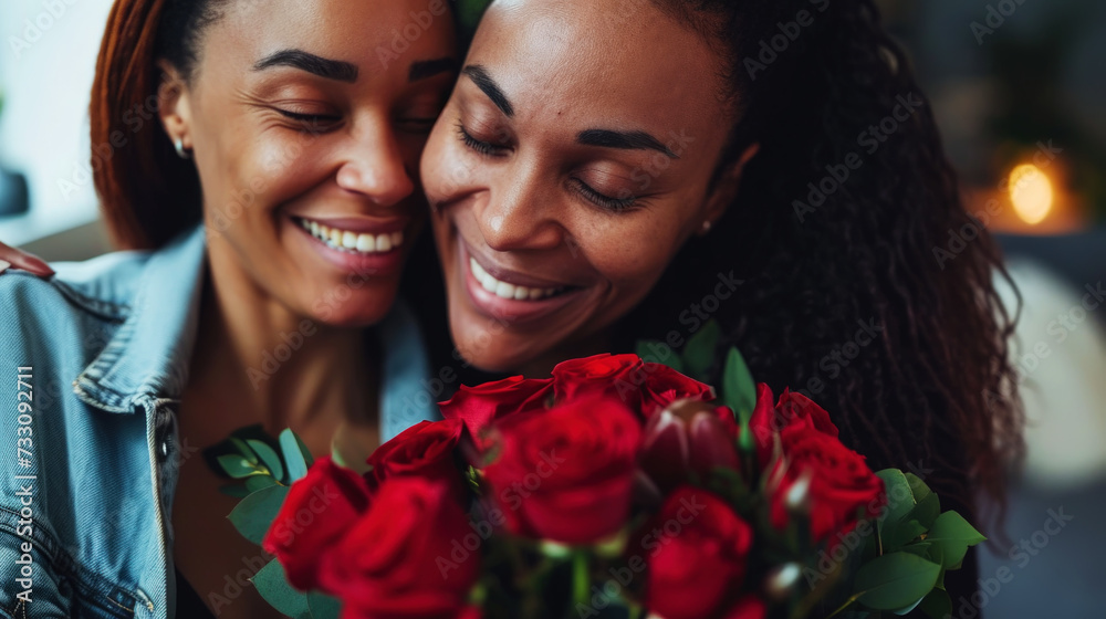 Close up of happy young lesbian couple together holding flowers. Engagement celebration. Pride concept. Generative AI Close up of happy young lesbian couple together holding flowers. Engagement celebration. Pride concept. Generative AI