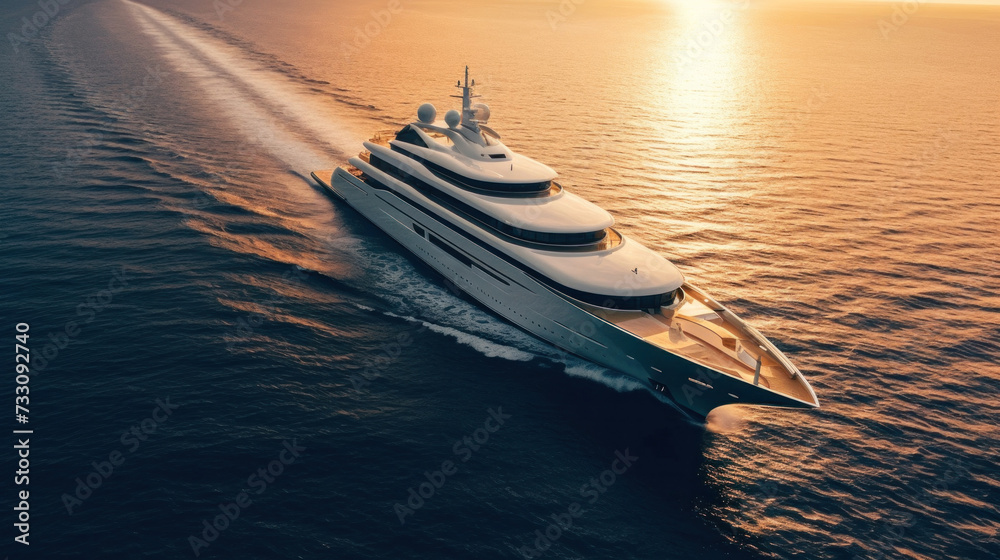 Luxury mega yacht in the ocean. - obrazy, fototapety, plakaty 