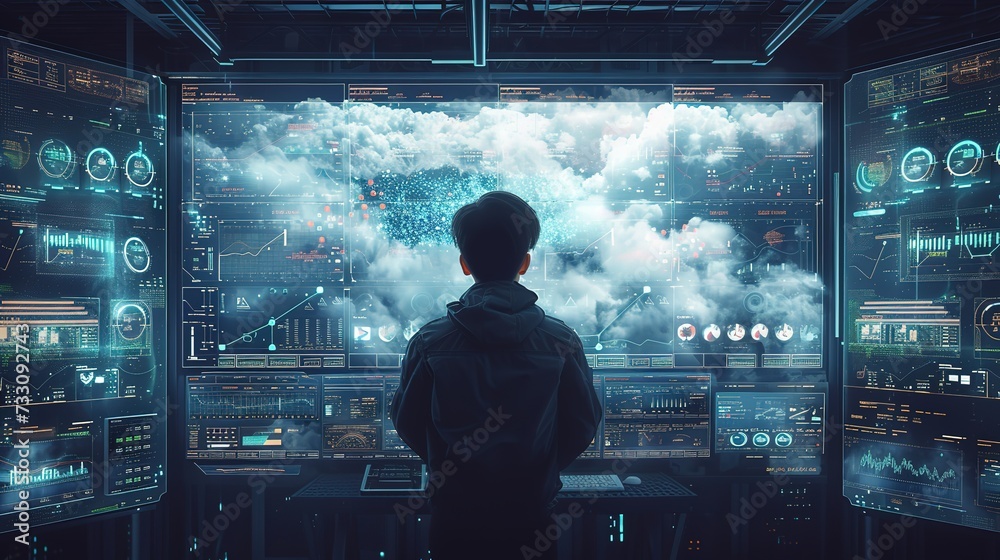 Obraz premium A technician stands before a massive display of cloud computing data analytics, managing and interpreting complex information flows.