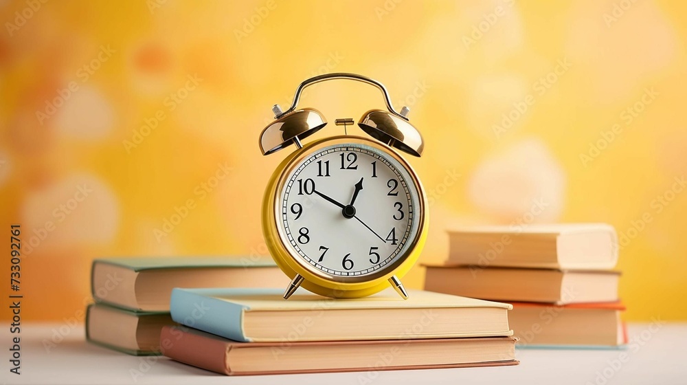 Alarm clock resting atop a stack of books, AI-generated. - obrazy, fototapety, plakaty 