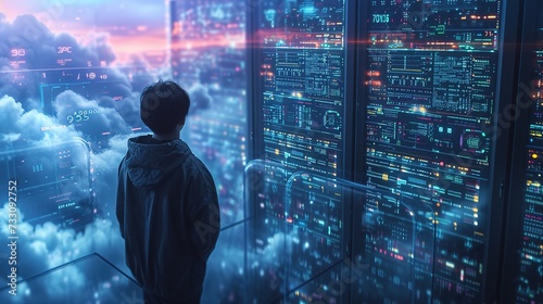 A young tech expert evaluates extensive data on server activity and cloud operations in a futuristic data center environment.