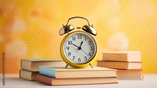 Alarm clock resting atop a stack of books, AI-generated.
