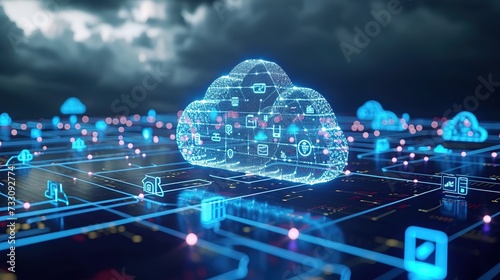 Futuristic representation of a secure cloud computing environment with encryption and cybersecurity icons integrated into the network.
