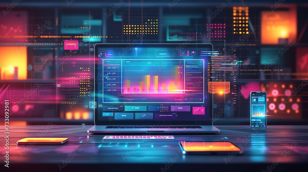 A high-tech workspace featuring a laptop with vibrant data analytics, accompanied by a smartphone and digital tablet on a futuristic desk. A high-tech workspace featuring a laptop with vibrant data analytics, accompanied by a smartphone and digital tablet on a futuristic desk.