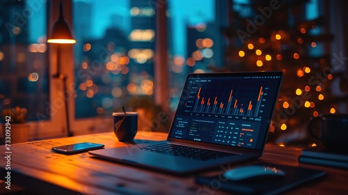 Cozy evening setting with a laptop displaying financial trading charts, smartphone, and a cup of coffee on a wooden table.