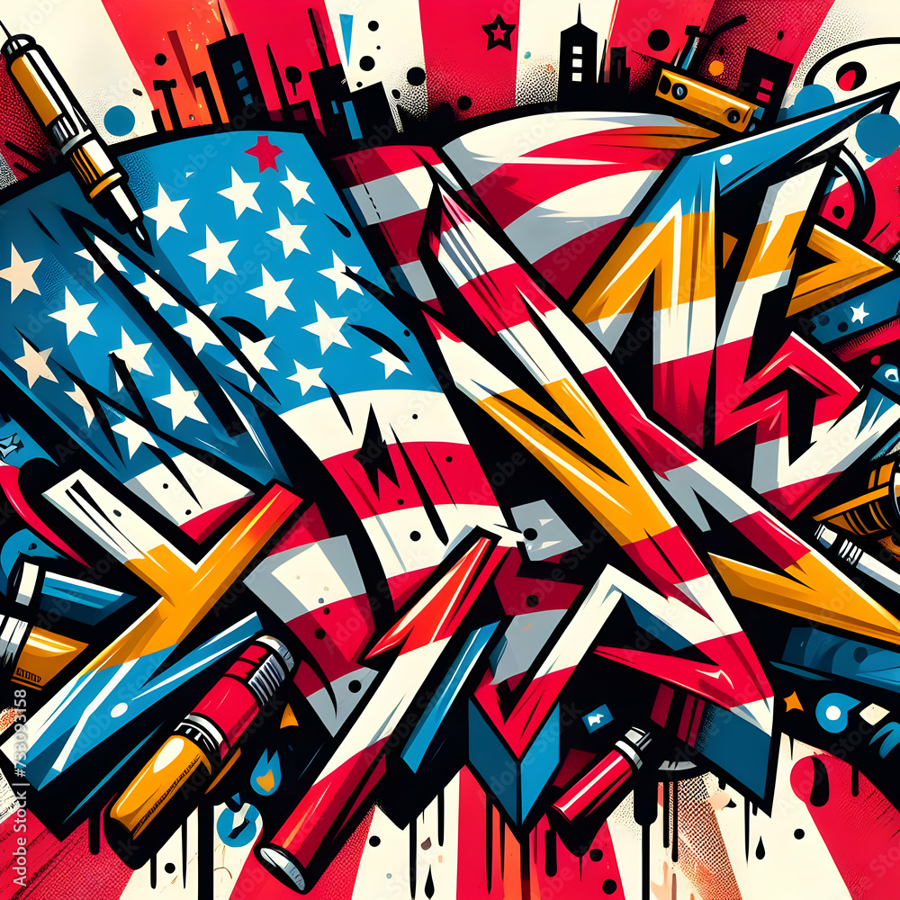 an image of the US flag with a graffiti-style aesthetic, featuring bold ...