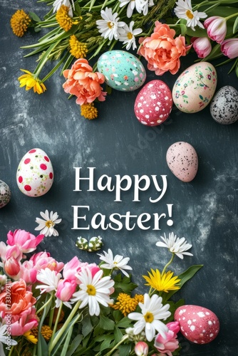 Happy Easter written on a dark background, decorated with colorful Easter eggs and beautiful flowers. Card notes.