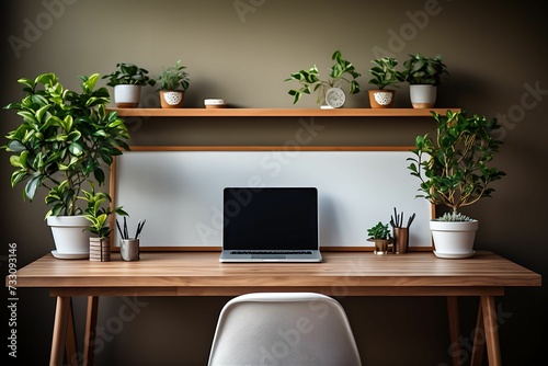AI generated illustration of a laptop on a wooden table with potted plants