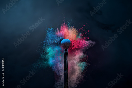 A makeup brush with a black handle is captured in motion, with a burst of colorful powder in shades of blue, green, pink, red and yellow against a black background photo