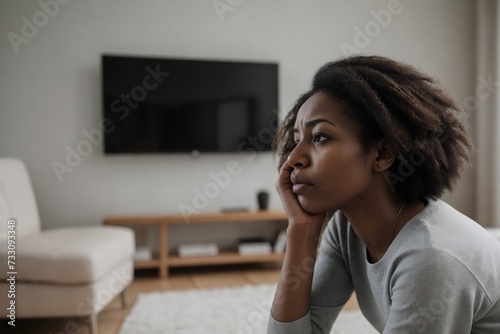 Young woman sitting in the living room and suffering from headache or illness. Painful expression.