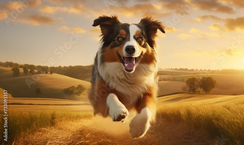 AI generated illustration of A dog sprints across a vast field at sunset, its paws reaching out