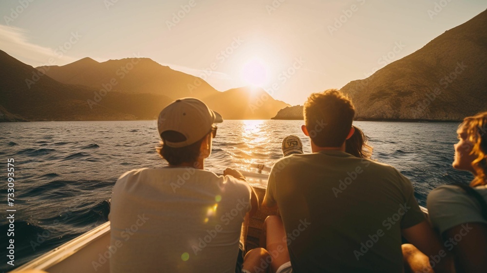 An AI illustration of group of people on boat with mountains in background on sunny day