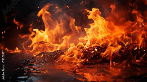 AI generated illustration of blazing orange flames burning in the midst of an ebony background