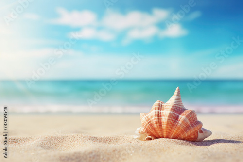 A seashell lies on sun-kissed sands, embodying the tranquil essence of a tropical beach paradise, AI Generative.