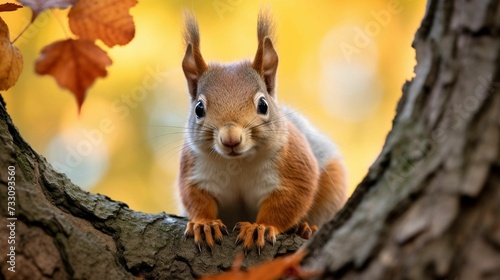 a small squirrel that is sitting in a tree branch looking at the camera