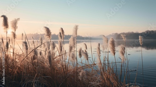 reedy plants on the shore of a lake in winter photo
