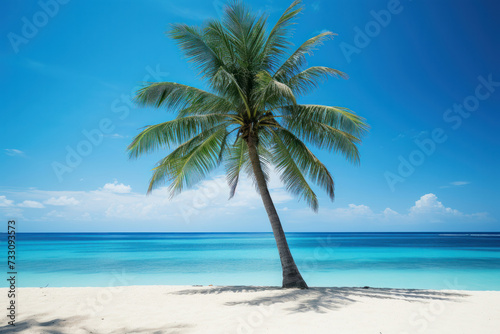 Idyllic beach scene with a lone palm tree, embodying serenity and tropical escape, AI Generative. © Alisa