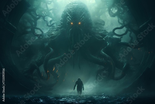 AI generated illustration of a menacing tentacle monster looms over a brave warrior