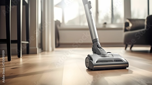 AI generated illustration of a modern vacuum cleaner on a wooden floor