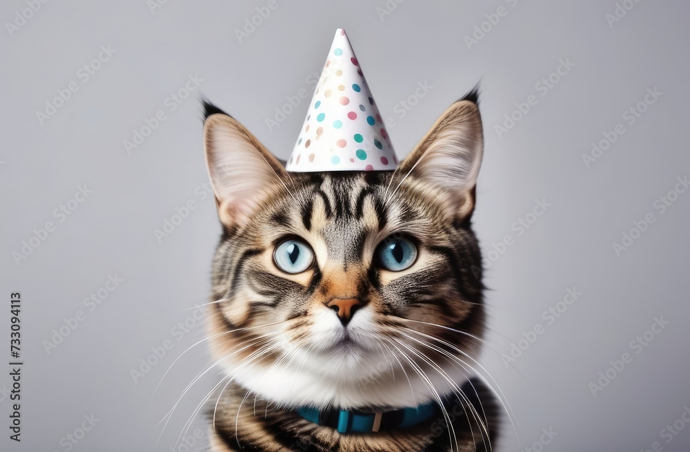 Cheerful Cat in a festive cap and glasses, confetti around