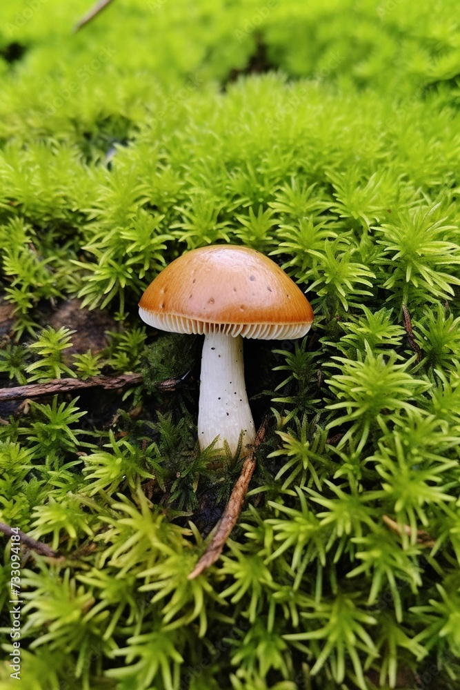AI generated illustration of a mushroom growing on a mossy forest floor AI generated illustration of a mushroom growing on a mossy forest floor