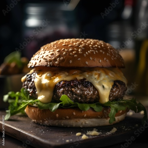 AI generated illustration of a freshly made hamburger featuring melted cheese