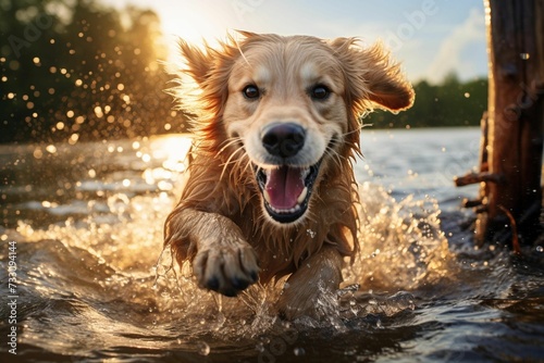 a dog running in the water and smiling