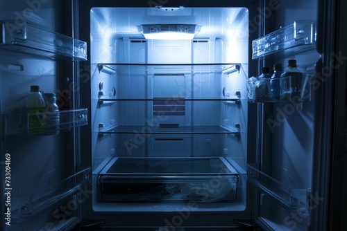 Empty Refrigerator With Opened Door in Dark Room