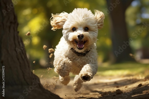 AI generated illustration of A brown and white dog mid-air jumping joyfully