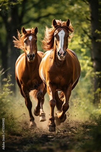 AI generated illustration of Two majestic horses running through a sun-dappled wooded area