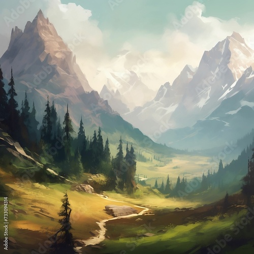 AI generated illustration of a majestic mountain range with lush foliage on the slopes in watercolor