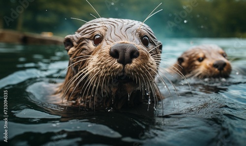 a otter in the water looking up at the camera with its reeves close photo