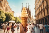 AI generated illustration of a hand holding a scoop of ice cream