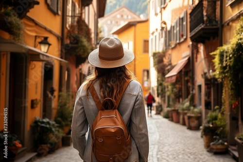 AI generated illustration of a female traveler in a stylish hat confidently strolls down the street